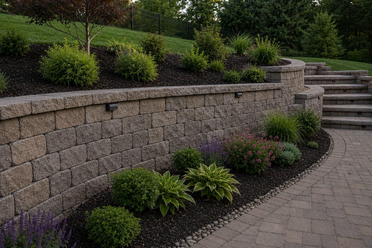 Tiered block retaining wall with integrated step lighting alongside a paver walkway and fresh landscaping