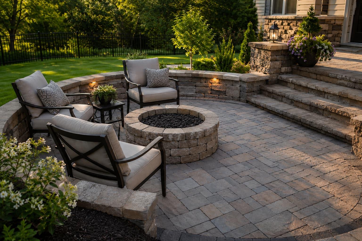 Semi-circular paver patio featuring a central fire pit, bordered by a low seating wall with built-in lights