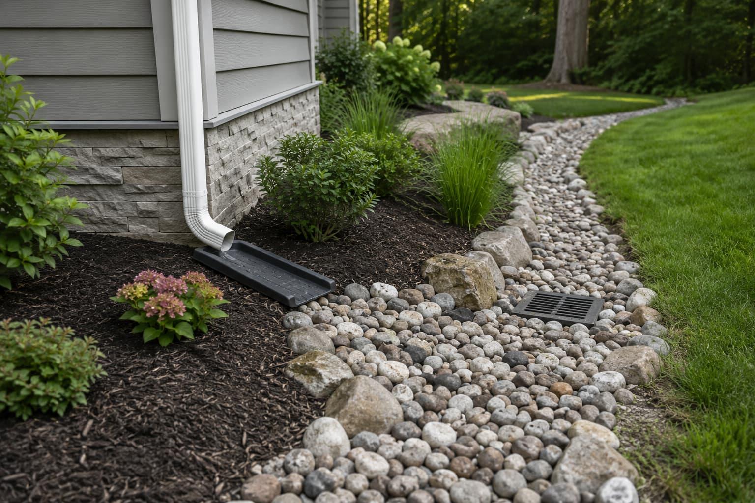 Dry creek bed made of river rocks for drainage, connected to a downspout and bordered by mulch