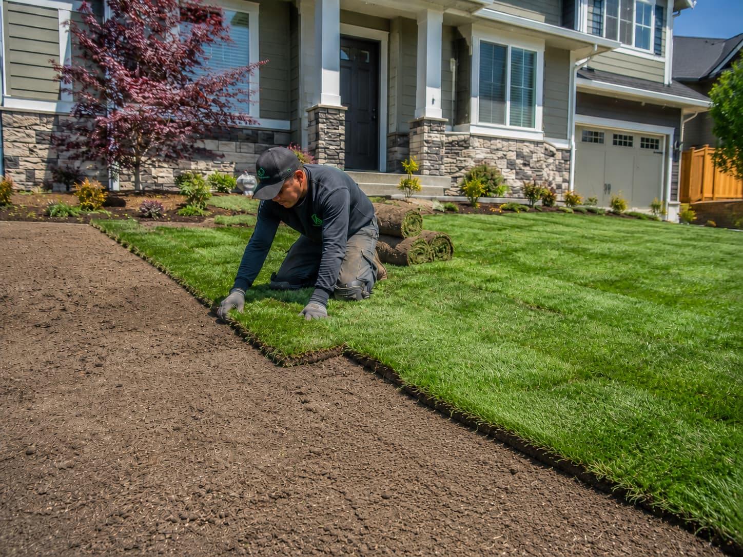 Freshly installed green sod in a residential yard