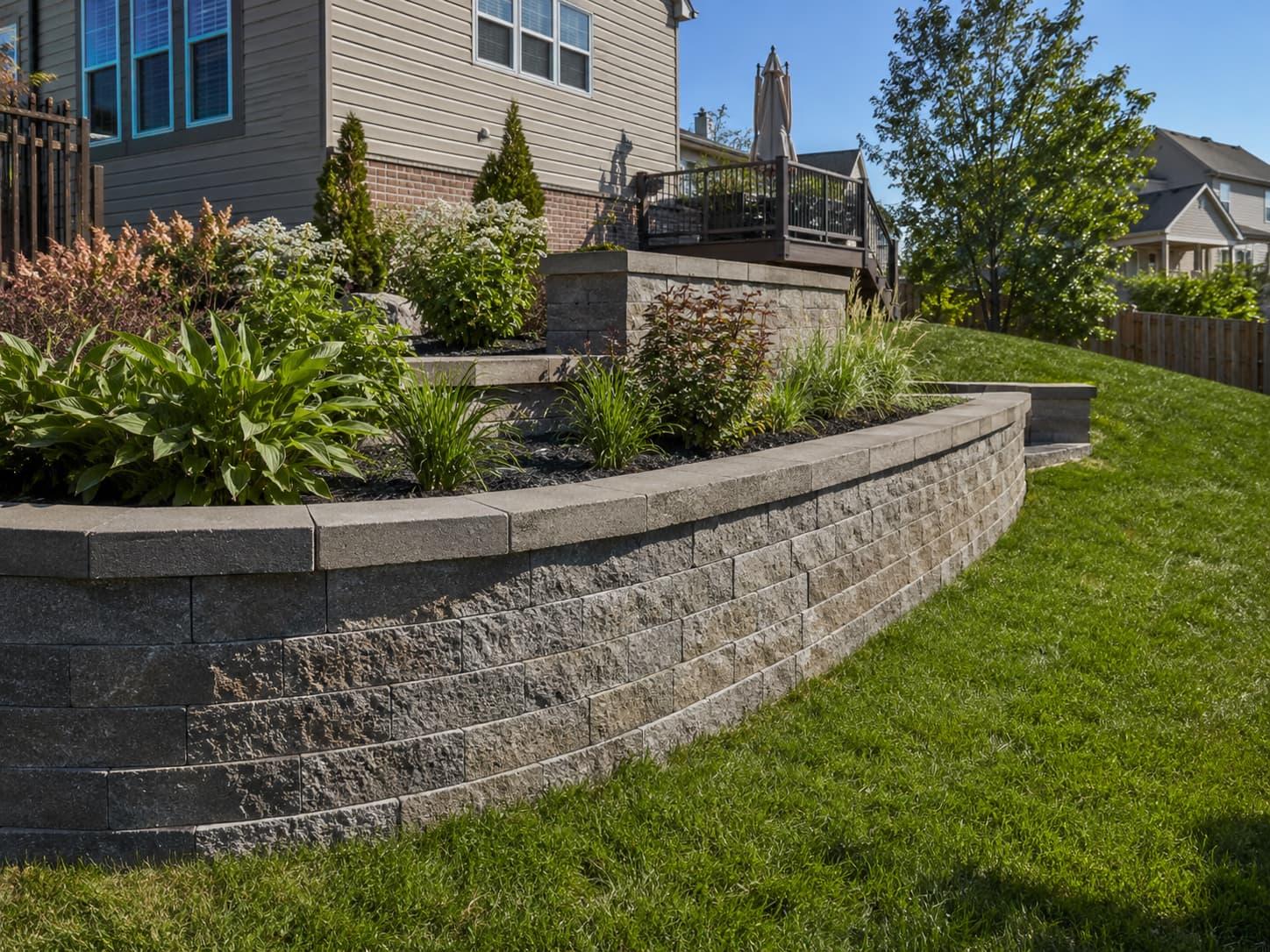 Stone retaining wall with integrated landscaping